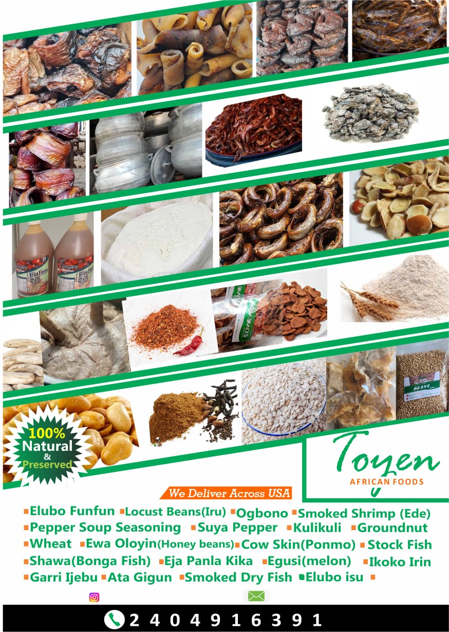 WELCOME TO TOYENAFFRICANFOODS. WE APPRECIATE YOUR PATRONAGE 